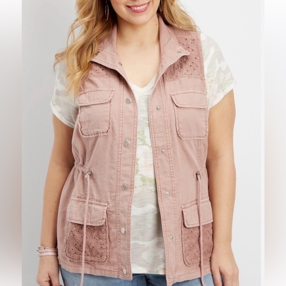 Maurices Linen/Cotton Cargo utility Vest Rose pink Drawstring Snap Lace eyelet S